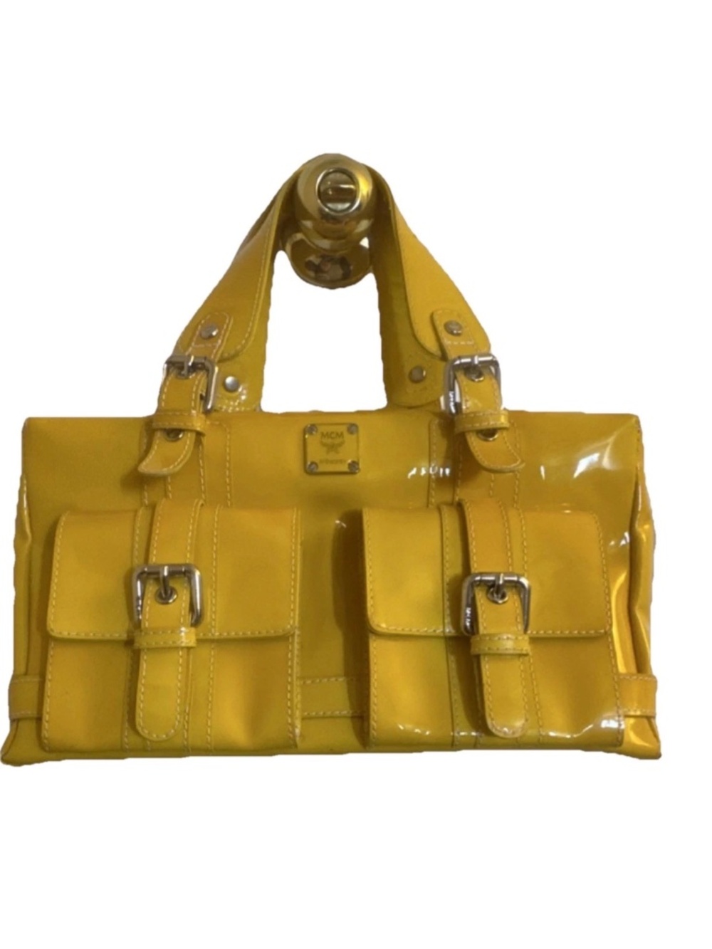 Authentic vintage MCM Yellow Patent Finish Satchel Top Handle Zip & Buckle, Lugg